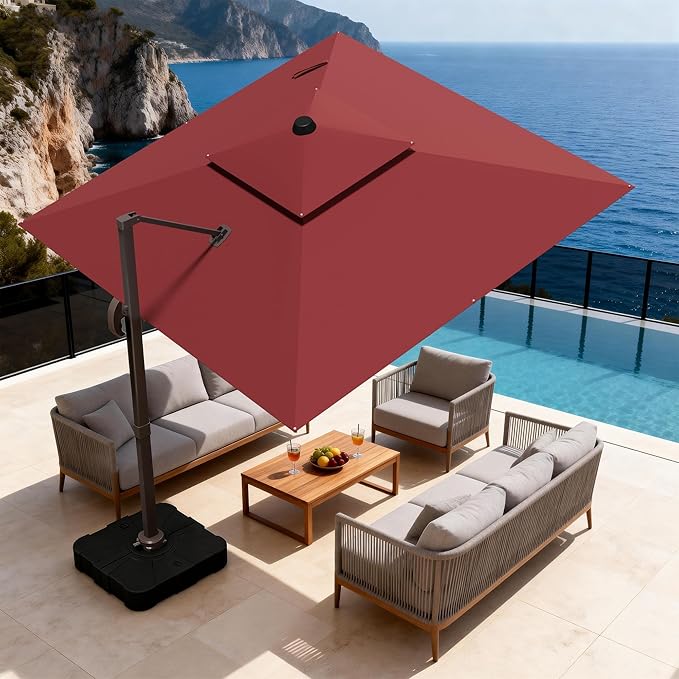 10x10Ft Patio Umbrella Outdoor Cantilever Rectangle Umbrella with Base Included, 6-Level Tilt & 360° Rotation Offset Umbrella for Garden, Deck, Pool(Red)