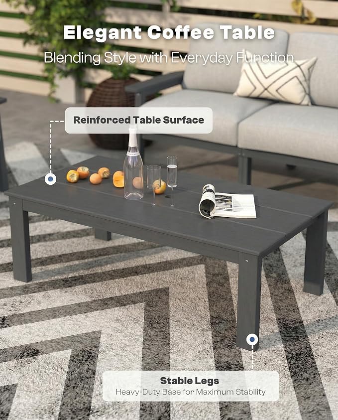 7 Piece Patio Furniture Set, HDPE Outdoor Sectional with Gray Washable Thick Cushions, Coffee Table & Side Table, Patio Conversation Sets for Lawn, Garden, Porch, Balcony (Grey Frame)