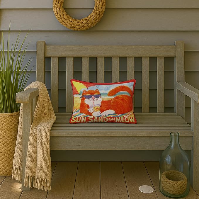 Caroline's Treasures 6050PW1216 Orange Tabby at The Beach Canvas Fabric Decorative Pillow Machine Washable, Indoor Outdoor Decorative Pillow for Couch, Bed or Patio, 12HX16W