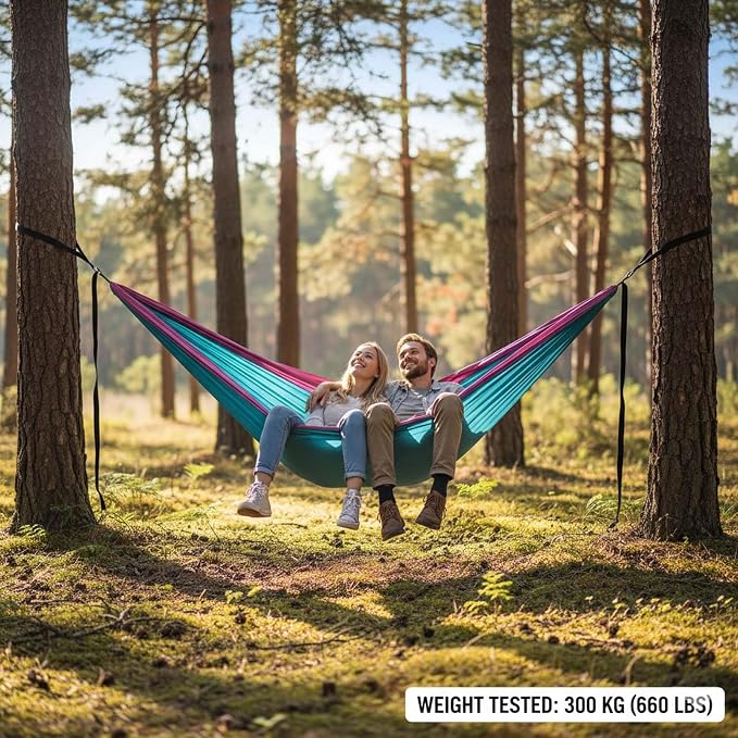 Portable Hammock, Camping Hammock for Outdoor Adventure, Double Hammock with Storage Bag, Lightweight Hammock for Patio Backyard Hiking Travel Beach