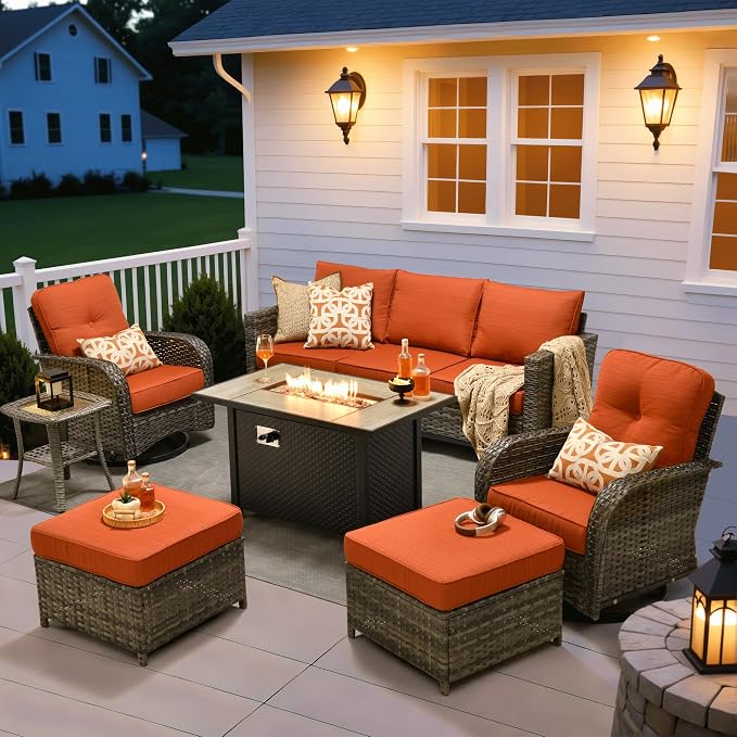 ovios 7 Pieces Patio Furniture Set, Outdoor Wicker Sofa Couch with Swivel Glider Chairs Fire Pit Table, Modern Deep Seat Rattan Conversation Sets for Deck Porch, Grey