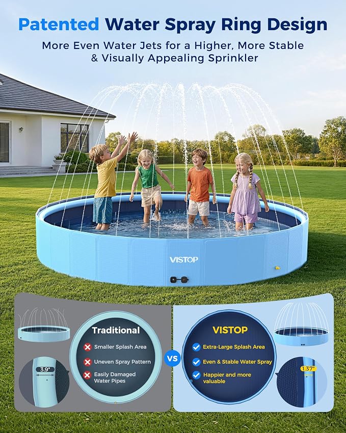 VISTOP 117" Extra Large Dog Pool with Sprinkler, Heavy Duty Foldable Hard Plastic Kiddie Pool, Non-Slip Collapsible Swimming Pool for Dogs, Kids & Pets, Portable Outdoor Backyard Water Play Tub