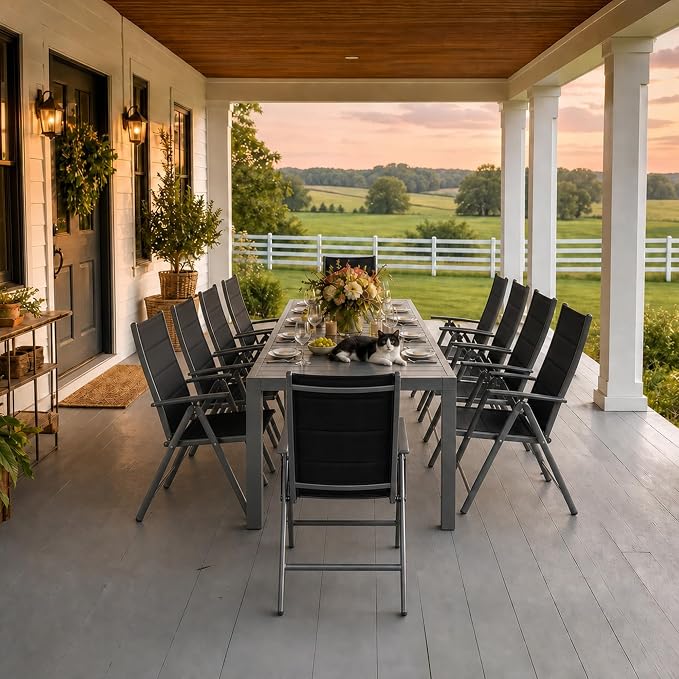 PURPLE LEAF Outdoor Dining Set for 11 Folding Patio Dining Set with Aluminum Rectangular Table and Padded Chairs All Weather Dining Table Sets for Garden Backyard Poolside, Black