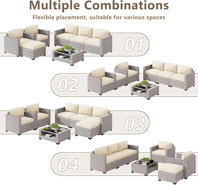 LOUVIXA 7 Piece Outdoor Patio Furniture Set, Rattan Chairs Glass Table Wicker Conversation Seating Sectional Sofa with Cushions (Grey White-Beige, 7Pcs-2 Layer Coffee Table)