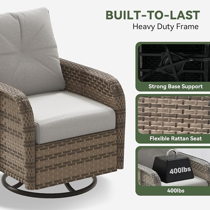 Aoxun 7-Piece Patio Furniture Set with 44” Fire Pit Table, Wicker Rattan Outdoor Sectional Sofa with High Back Swivel Rocker Chairs, Outdoor Patio Furniture Set with Thick Cushions & Ottoman, Grey