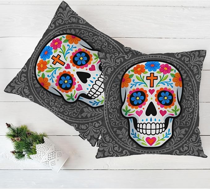 Swono Sugar Skull Set of 2 Square 18x18 Inch Throw Pillow Cover Mexican Day of The Dead Sugar Skull Rose Soft Pillowcases Pillow Cushion Covers for Home Sofa Couch Garden Bench Car Decoration