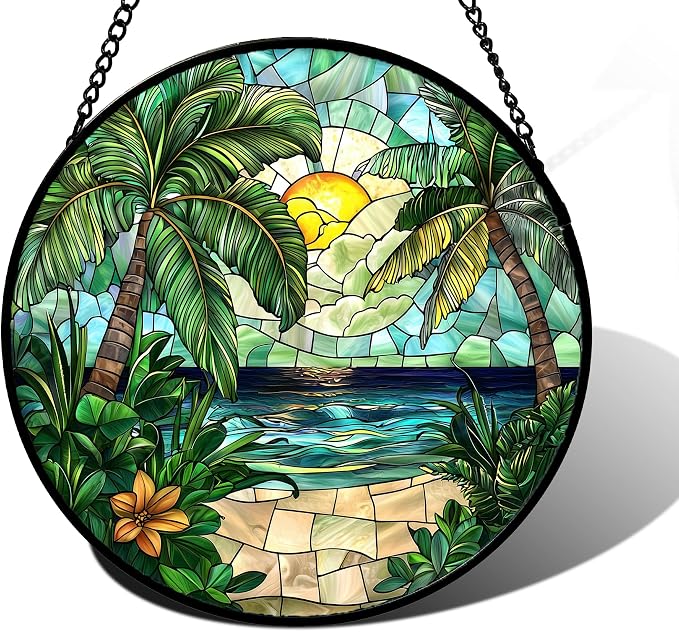 DASTOLL Stained Glass Window Hanging, Green Beach Scenery Suncatcher Diamond Glass Panel Hangings Sun Catchers Decor for Birthday for Women, Men, Wife, Aunt, and Mom 7.8 in
