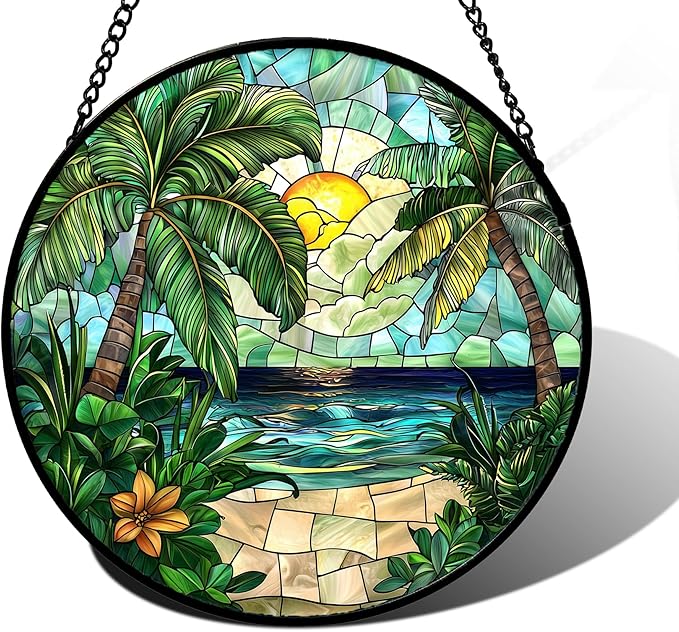 DASTOLL Stained Glass Window Hanging, Green Beach Scenery Suncatcher Diamond Glass Panel Hangings Sun Catchers Decor for Birthday for Women, Men, Wife, Aunt, and Mom 6.3 in