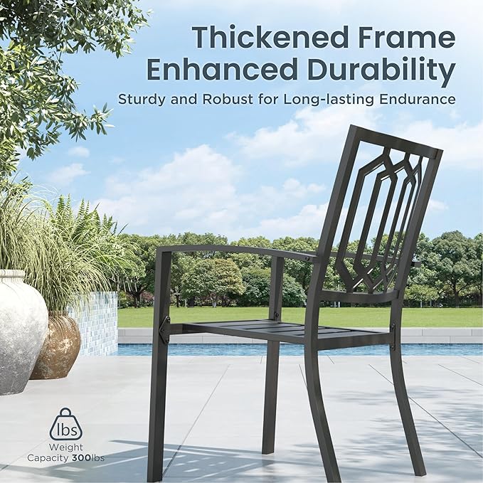 PHI VILLA Patio Dining Set 5 pcs with Umbrella(Beige),1 Square Metal Table& 4 Metal Outdoor Stackable Chairs and 1 10ft 3 Tier Auto-tilt Umbrella (Base Not Included)