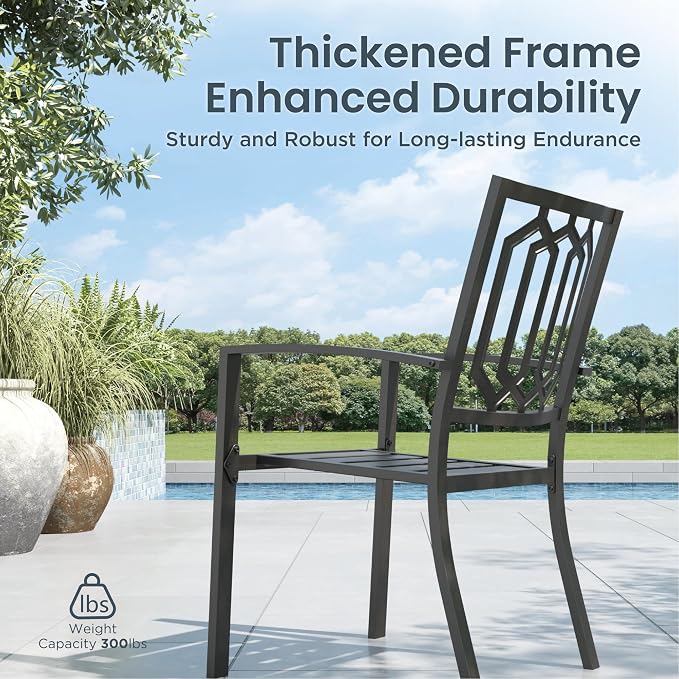 PHI VILLA 9 Pcs Outdoor Dining Set& 57.5" Wood-Like Table | Square Iron Table w/ Umbrella Hole & Stackable Black Metal Steel Chairs,Patio Furniture Set for Patio, Deck, Yard, Porch