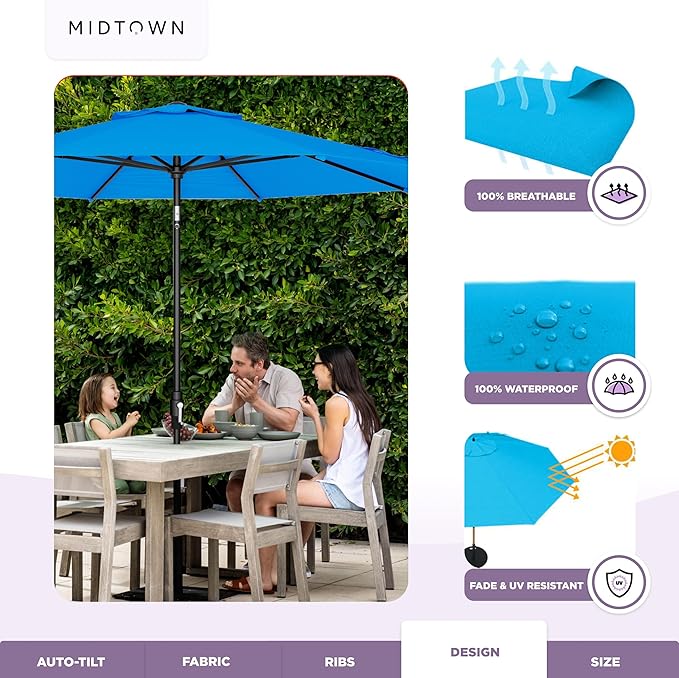 The Swilt 9 Feet Outdoor Umbrella With Terylast Cobalt (Blue) Polyester Fabric - Fiberglass Ribs, Auto-Tilt And Swivel Aluminum Frame Patio Umbrella For Deck, Garden, Pool - Black Pole