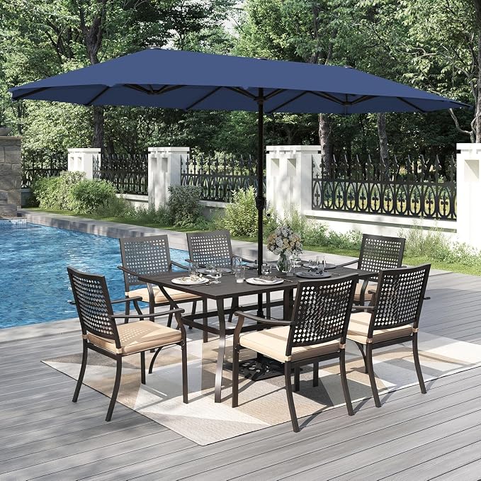 PHI VILLA Outdoor Table Chairs Set w/Umbrella, Patio Metal Furniture for 6 | 60" wrought iron rectangle table & stackable chairs w/ cushions. 13ft blue umbrella. 7 pcs furniture set for deck, porch