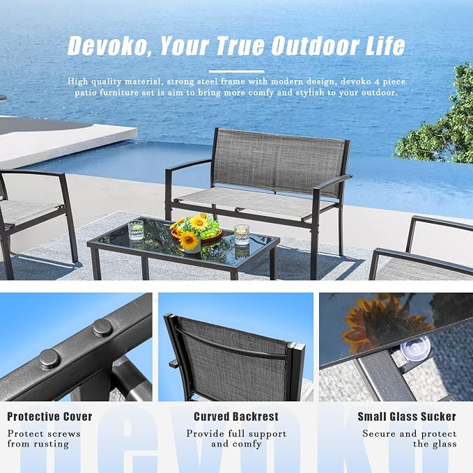 Devoko 4 Pieces Patio Furniture Set Outdoor Garden Patio Conversation Sets Poolside Lawn Chairs with Glass Coffee Table Porch Furniture (Grey)