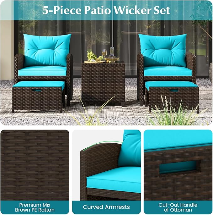 Tangkula 5 Pieces Patio Conversation Set, PE Wicker Outdoor Furniture Set with 2 Chairs, 2 Ottomans & Tempered Glass Coffee Table, Ideal for Poolside, Backyard, Lawn, Deck, Mix Brown & Turquoise
