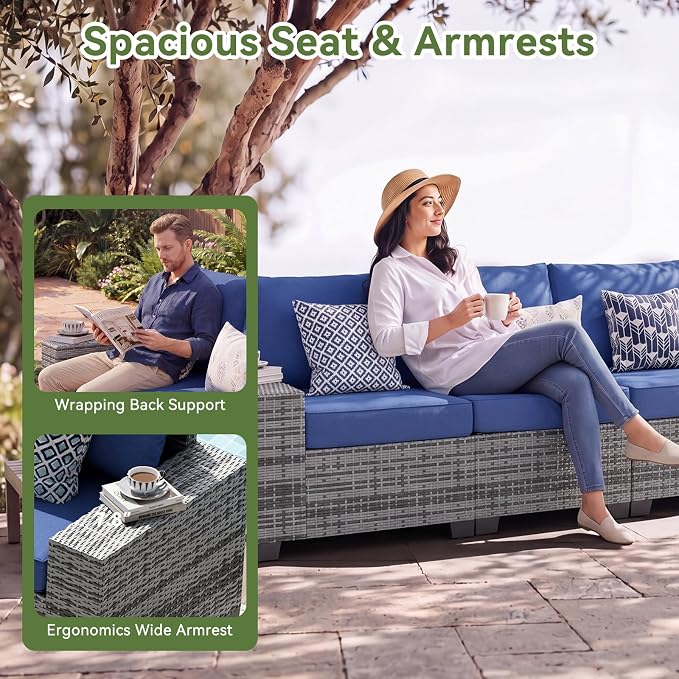 LazySunsets 12 PCS Patio Furniture Set, Outdoor Sectional All-Weather Wicker Conversation Set with Swivel Rocker Chairs, 4'' Thick Cushions for Backyard Poolside(Navy/Grey)