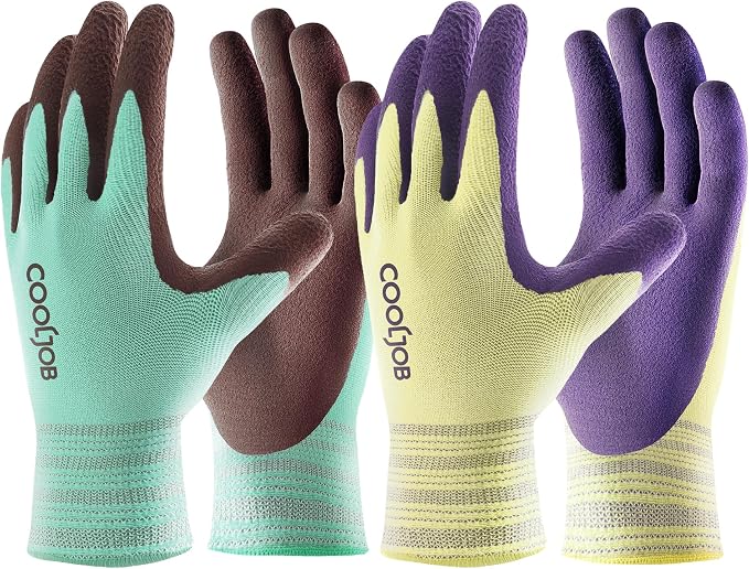 COOLJOB 2 Pairs Modal Gardening Gloves for Women, Rubber Coated, Small | Breathable Garden Gloves Stretch Soft, Non Slip Palm Dipped Grip Work for Gardener Worker in Lawn Yard Factory Garden