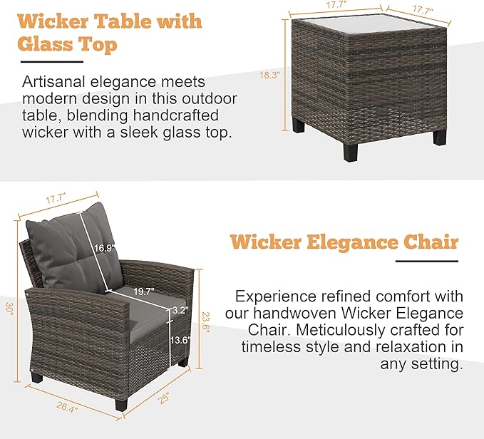 Shintenchi 3 Pieces Patio Furniture Set 3 Pieces PE Rattan Wicker Chairs with Table Outdoor Furniture for Backyard/Garden/Poolside/Outdoor Restaurant Gary Rattan with Gary Cushion