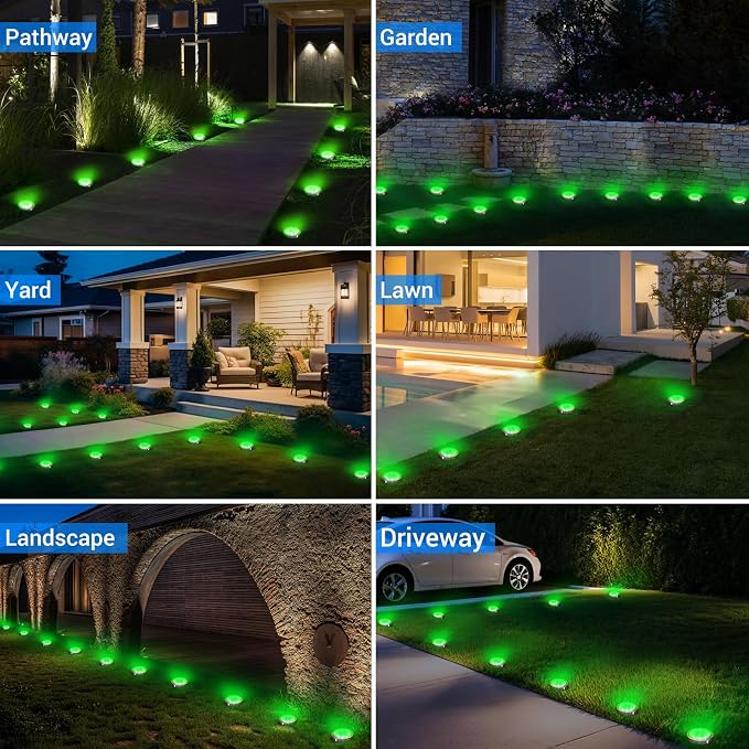Mini Solar Ground Lights Outdoor, 8 Pack Flat Solar Powered Disc Lights, IP68 Waterproof, Anti-Rust, Landscape Lighting for Pathway Garden Yard Lawn Walkway Landscape Driveway, Green