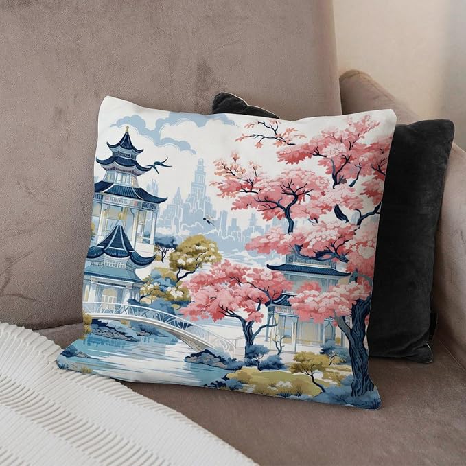 Cushion Cases Chinoiserie Pagoda White Coral Blue Pillowcase Classic Chinoiserie Chic Asian Pillow Cover Accent Farmhouse Decor Pillow for Patio Garden Couch Tent 18x18 in