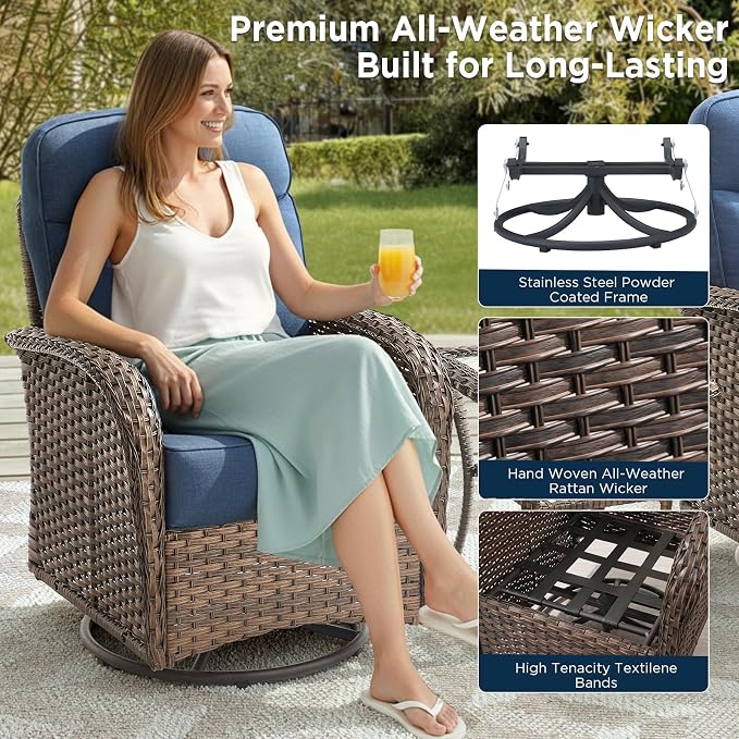 5 Pieces Luxury Patio Furniture Sets with 6-Inch Thick Cushions, High Back Swivel Outdoor Rocking Chairs Set of 2 with Multifunctional Ottoman, Wicker Conversation Set for Porch Garden, Blue
