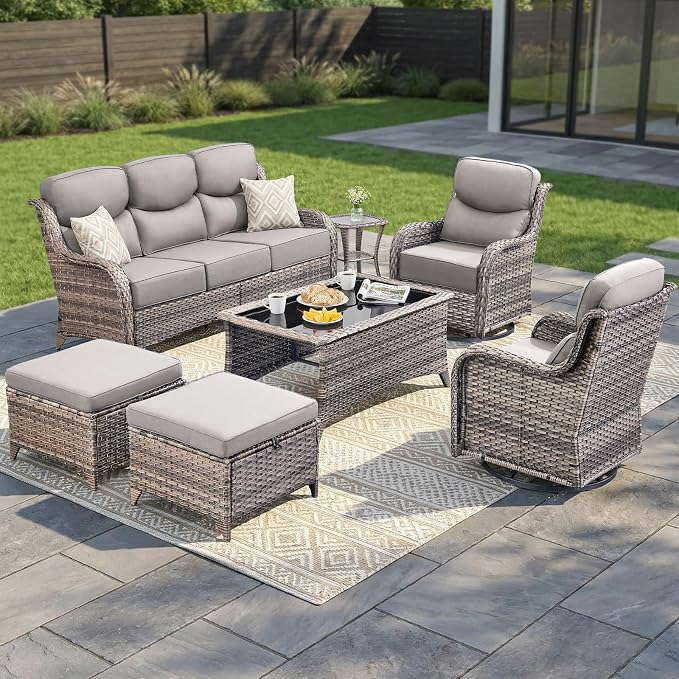 Luxury Swivel Rocker Chair Sofa Set with 6" Thick Cushions,7-Piece Wicker Patio Chair with Coffee Table and Ottoman,Outdoor Comfortable High Back Chair Patio Furniture Set - Gery | Gery