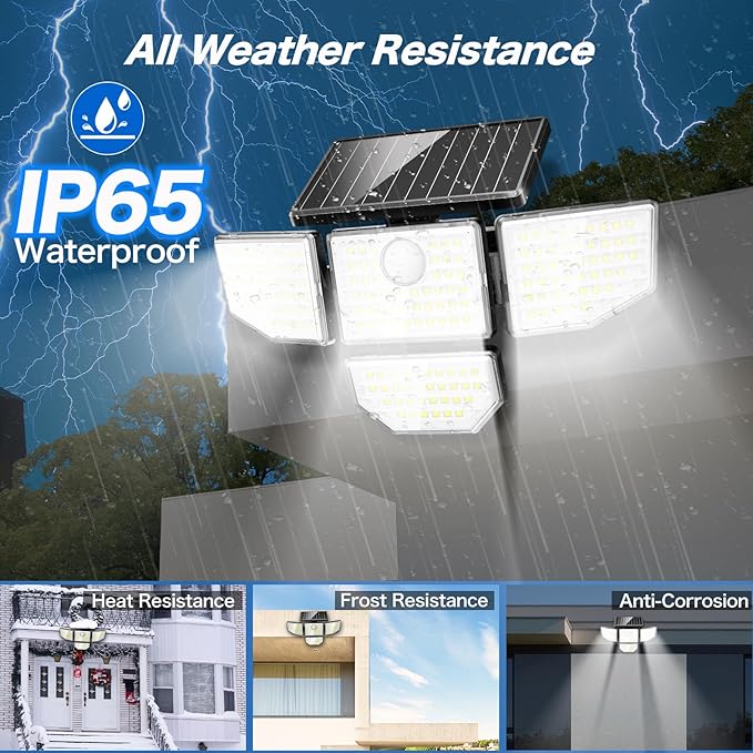 Adewalk Outdoor Solar Light - Upgrade 3000LM 188 LED Motion Sensor for 4 Heads IP65 Waterproof Powered Switch Control Darkroom Backyard Outside Security