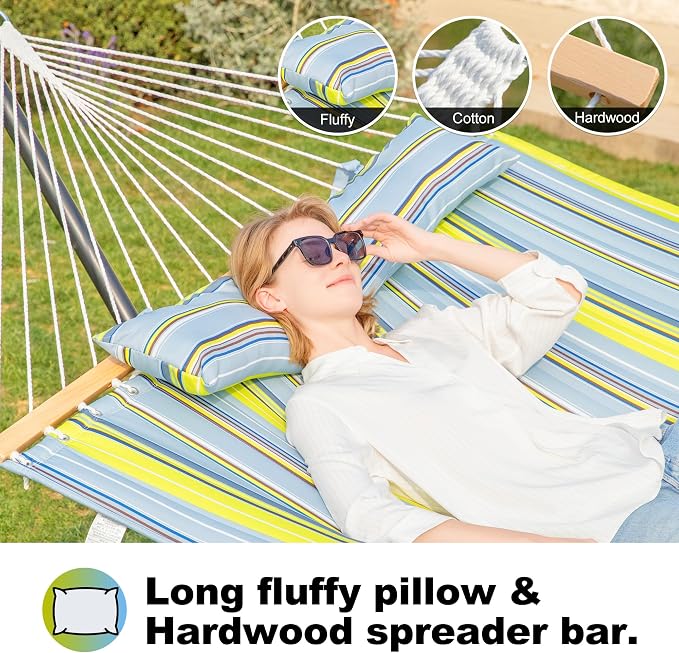 GAFETE 2 Person Hammock with Stand for Outside, Heavy Duty Steel Stand, 55inch Double Hammocks, Large Removable Pillow, Storage Bags, Max 475 lbs Capacity (Sapling Green)