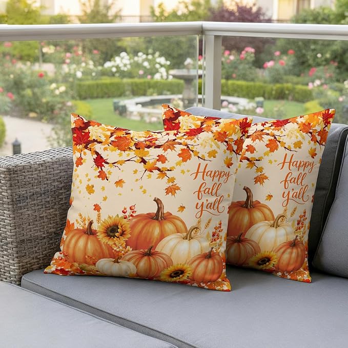 Orange Fall Waterproof Outdoor Pillow Covers 24''x24'' Set of 2, Maple Tree Branch Thanksgiving Pumpkin Patio Cushion Covers for Chairs,Decorative Countryside Leaves Pillow Cases for Garden/Pool/Beach