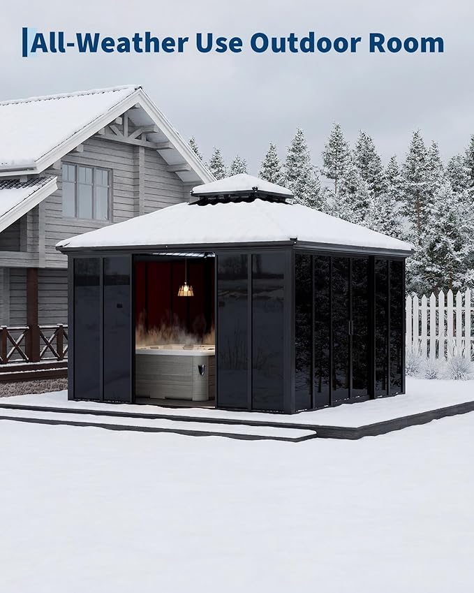 12x12 ft Hardtop Gazebo Sunroom, All-Season Outdoor Room with Aluminum Frame, Enclosed Patio Solarium with Polycarbonate Sliding Doors & Double Roof for Backyard, Deck, and Hot Tub Enclosure