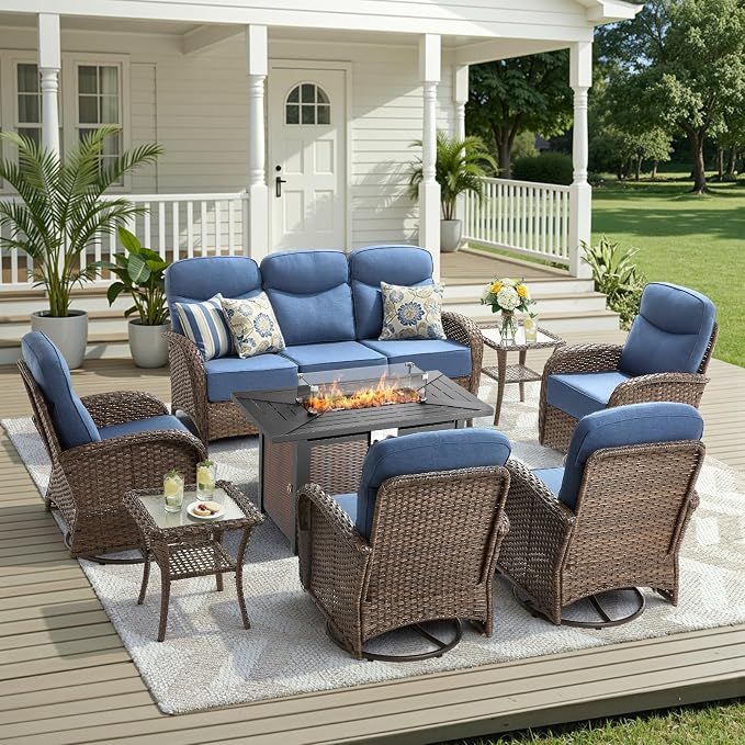 8 Pieces Luxury Patio Furniture Set with 42.5" Fire Pit Table, 6-Inch Thick Cushions Wicker Outdoor Furniture with Outdoor Rocking Chairs Set of 4, Outdoor Patio Conversation Set for Garden, Blue