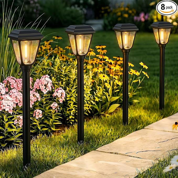 Solar Pathway Lights 8 Pack Outdoor 3000K Bright Auto On/Off Solar Garden Lights Long Lasting Solar Powered Waterproof Landscape Light for Path Yard Walkway Lawn Driveway Decor Lighting - Warm White