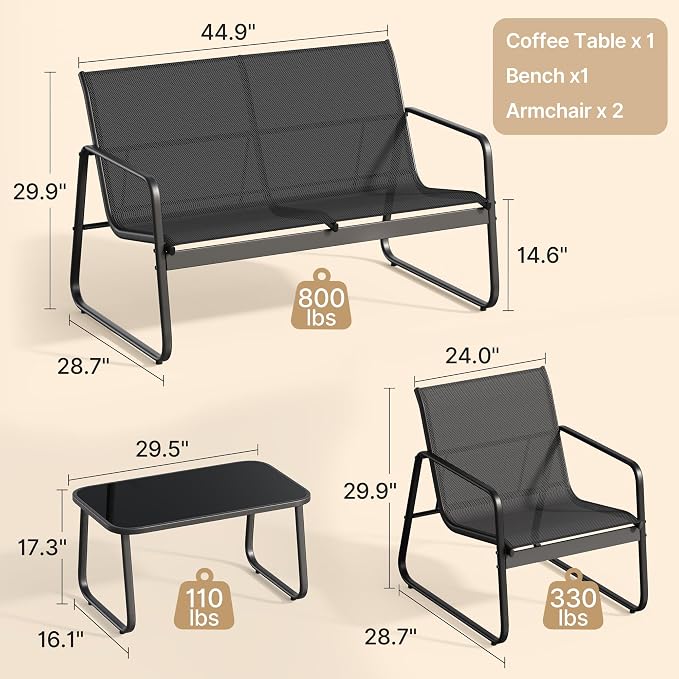 Gizoon 8 Pieces Outdoor Patio Furniture Set, 2 Bench Loveseat + 4 Single Armchairs + 2 Tempered Glass Coffee Tables, Metal Frame Patio Conversation Set for Backyard Poolside Porch, Black