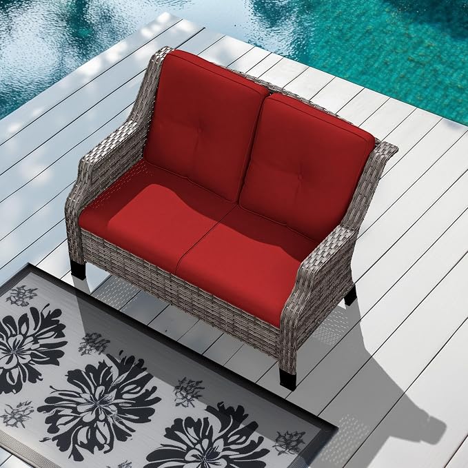 Patio Furniture Couch Outdoors, Rattan Wicker Loveseat with Deep Seating and Olefin Cushions, for Garden Porch Deck Balcony, Red