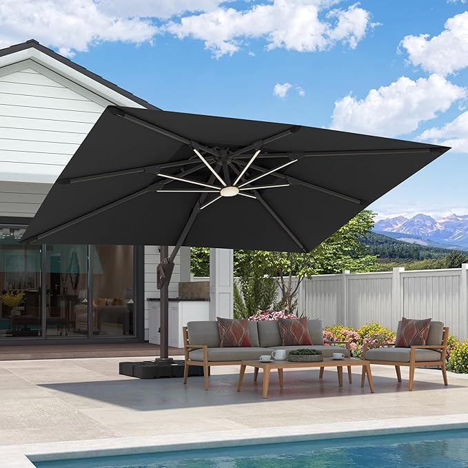 9x12 FT Cantilever Patio Umbrella with Led Lights Double Top Outdoor Rectangular Large Heavy Duty Aluminum Offset Umbrellas with 7 Level Tilt 360-degree Rotation for Pool Garden Deck, Black