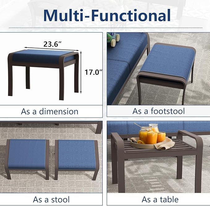 Aluminum Patio Furniture Set with Fire Pit Table, 7 Seats Outdoor Patio Conversation Sets with Ottomans, Modern Metal Patio Sectional Sofa with Upgrade Cushions for Patio, Backyard, Deck - Blue