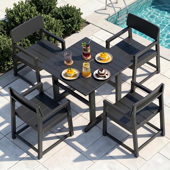 JAMFLY 5 Piece Outdoor Dining Set, All Weather Patio Table and Chairs for Backyard Garden Deck Lawn Pool, Sturdy All Weather Outdoor Furniture Set, Black