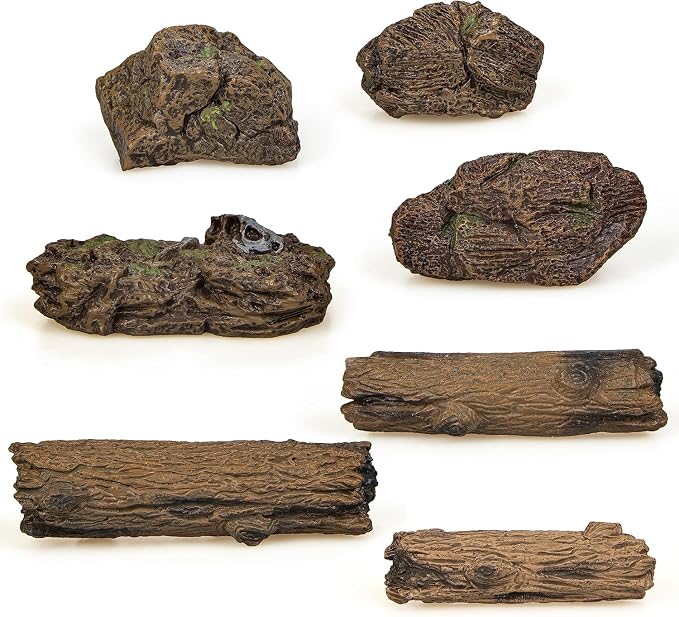 7Pcs Artificial Tree Stumps and Miniature Fake Stone Rocks for Micro Landscape Decor Resin Moss Terrariums Bonsai Decor