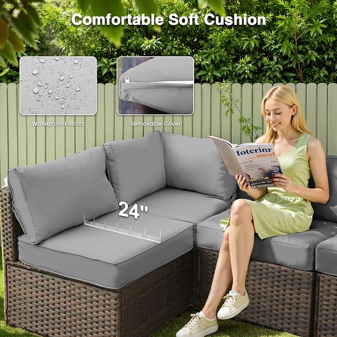 Patio Furniture Set 7 Pieces, Rattan Outdoor Sectional Conversation Sets, All Weather Outdoor Furniture Set with Cushions for Garden Lawn Balcony Porch Deck Grey