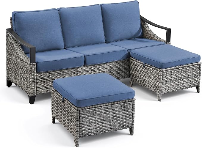 3 Pieces Wicker Patio Furniture Sofa Set-Outdoor Wicker Patio Furniture Covered Couch with Multifunctional Ottoman and All-Weather Outdoor Patio Conversation Set for Backyard Porch Garden Grey/Blue