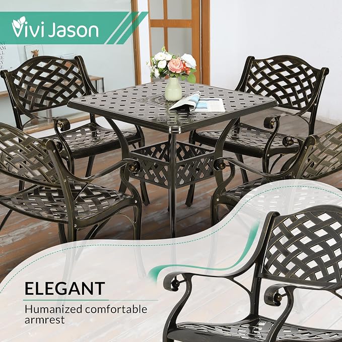 VIVIJASON 5-Piece Outdoor Patio Dining Set, All-Weather Cast Aluminum Conversation Set, Patio Furniture Set for Balcony Lawn Garden Backyard, Include 4 Chairs, a 30.5” Square Table with Umbrella Hole