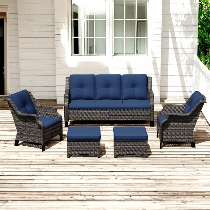Patio Furniture Set 5 Pieces, Outdoor Wicker Furniture with Coffee Table and Side Table, Modern Rattan Patio Chairs Conversation Sets with Sofa for Garden, Terrace, Porch, Balconies, Lawns
