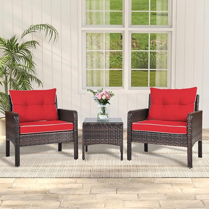 KOTEK 3 Piece Patio Furniture Set, Outdoor Wicker Conversation Bistro Set with 4 Cushions, All Weather PE Rattan Furniture Set for Garden, Backyard, Porch, Poolside (Red)
