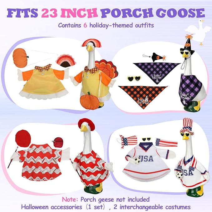 6 Set Holiday porch goose outfits,All Late Year Festive Goose Clothes for World Cup$4th of July,Back to School,Halloween,Thanksgiving ,Christmas,Rainproof,Lawn & Indoor Outdoor,Fits 23 inch(No Goose)