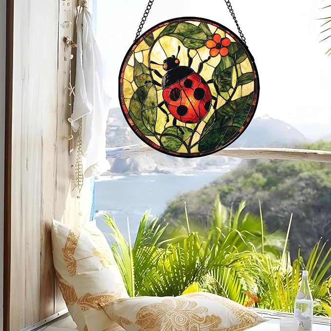 Stained Glass Window Hanging - Red Ladybug Green Plant Flower Sun Catcher for Door Home Decor Insect Suncatcher Christmas Mother's Day Birthday Gifts for Women Men Mom Nana 11.8 in