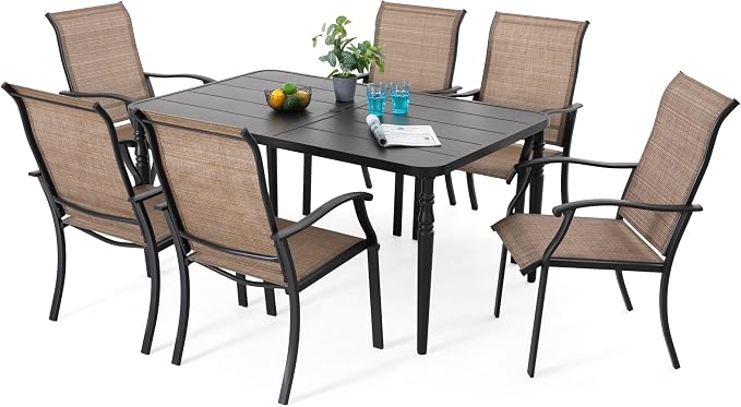 NUU GARDEN Outdoor 7-Piece Dining Set with Powder-Coated Metal Frame, Patio Metal Dining Set with 6 Textilene Chairs, Table with Umbrella Hole, for Patio, Lawn, Garden, Porch, Black and Brown
