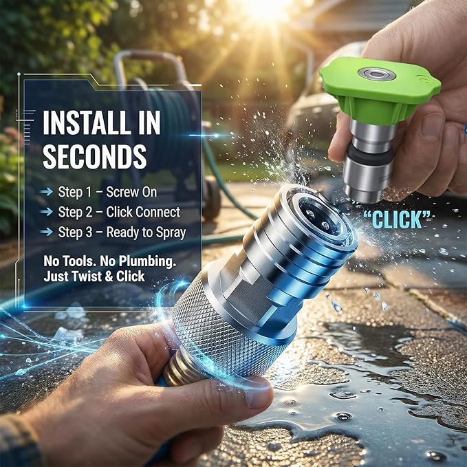 Garden Hose to Mini Power Washer Adapter-3/4 GHT to 1/4", Stainless Steel Garden Hose to Pressure Washer Adapter, Leak-Proof Secure Fit Quick Installation for Car Garden Window (Connector +5 Nozzle)