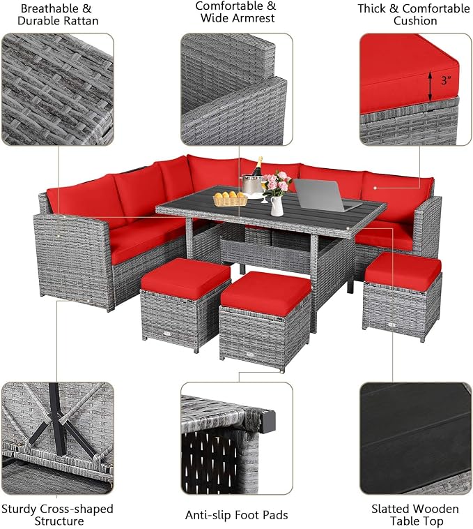 HAPPYGRILL 7 Pieces Rattan Wicker Patio Conversation Set, Outdoor Patio Furniture Set with Cushions, Rattan Sofa Set with Dining Table & Ottomans for Poolside Backyard Balcony Garden (Red)
