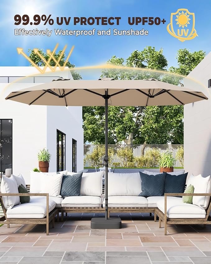 GDPFN 15FT Large Patio Umbrella with Base Included, Outdoor Deck Standing Umbrella with Crank Handle, Double-Side Rectangular Pool Umbrella for Outside, Market, Patio, Beige