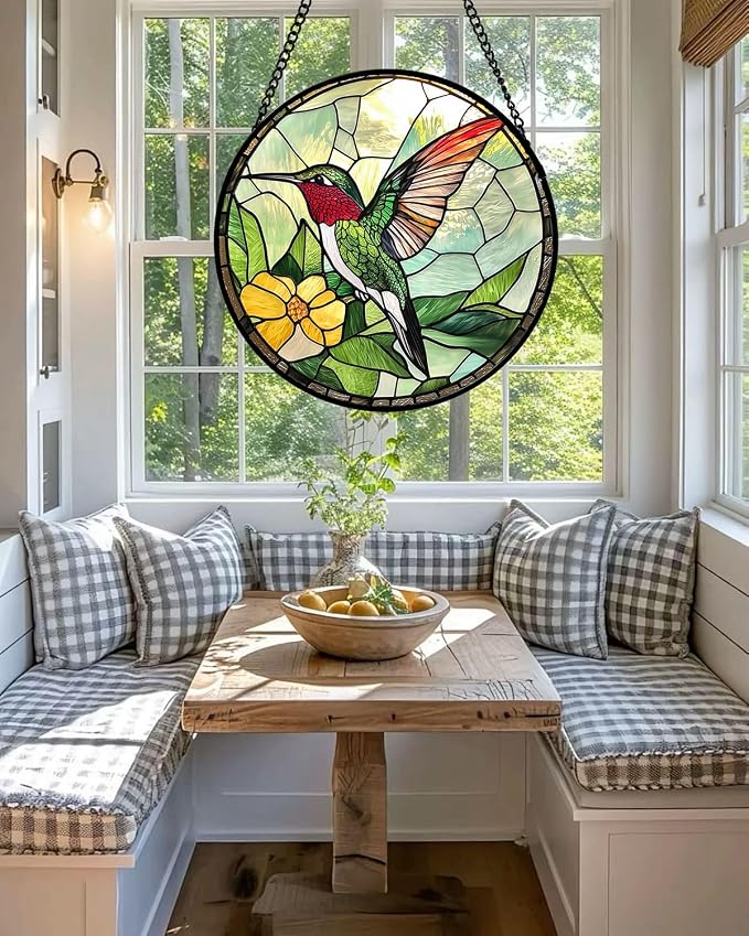 Stained Glass Window Hanging, Green Hummingbird Sun Catcher for Door Home Decor, Birds Suncatcher Christmas Mother's Day Birthday Gifts for Bird Lovers Women Men Mom and Nana 15 in