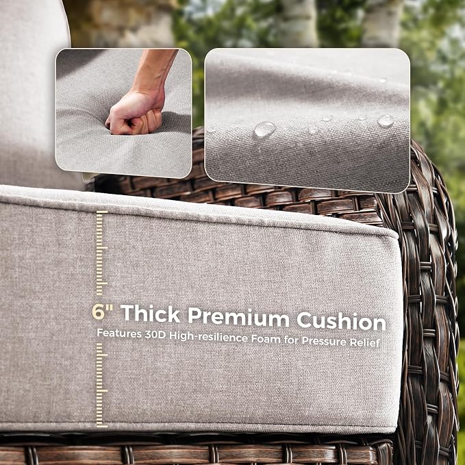 Luxury Outdoor Swivel Rocker Patio Chairs with 6-Inch Thick Cushions, High Back Swivel Glider Patio Chairs, 3PCS Wicker Outdoor Furniture Set for Porch, Patio, Yard, Deck, Poolside, Brown/Beige